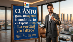 Infografía de Alfa Inmobiliaria sobre cuánto gana un agente inmobiliario en España mostrando la comparativa de ingresos al retener el 100% de comisiones.