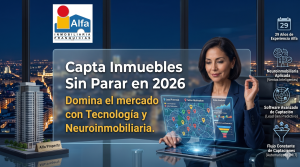 Agente de Alfa Inmobiliaria utilizando software avanzado de captación y herramientas de Neuroinmobiliaria para conseguir inmuebles de forma constante en un mercado competitivo.