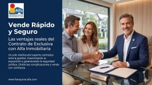Agente de Alfa Inmobiliaria explicando los beneficios de un contrato de exclusiva a un cliente, mostrando transparencia y profesionalidad.