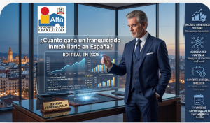 Infografía de Alfa Inmobiliaria sobre el ROI de una franquicia inmobiliaria en España en 2026 mostrando ingresos y período de recuperación de inversión