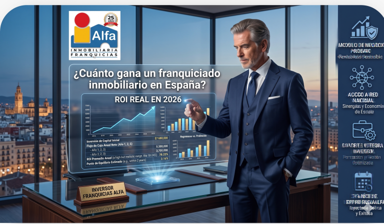 Infografía de Alfa Inmobiliaria sobre el ROI de una franquicia inmobiliaria en España en 2026 mostrando ingresos y período de recuperación de inversión