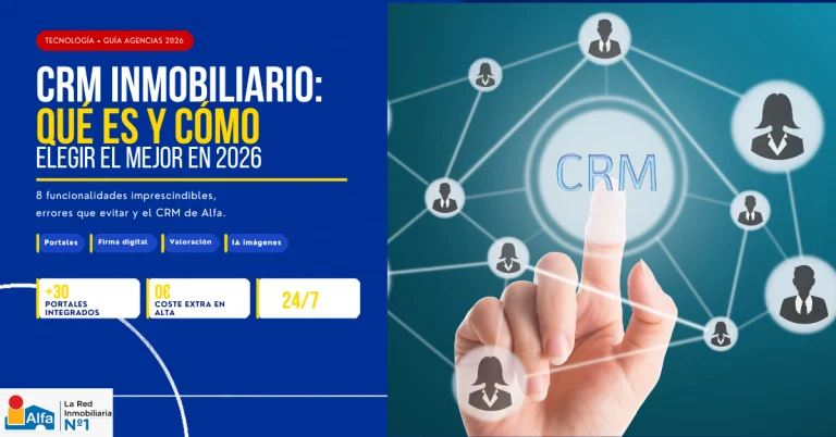 Guía de Alfa Inmobiliaria sobre qué es un CRM inmobiliario y cómo elegir el mejor para tu agencia en 2026: publicación en más de 30 portales, 0€ de coste adicional y 8 funcionalidades imprescindibles
