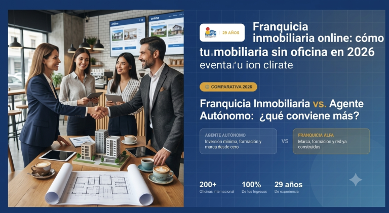 Foto de Alfa Inmobiliaria sobre la franquicia inmobiliaria online mostrando a una agente trabajando con su portátil sin oficina física.